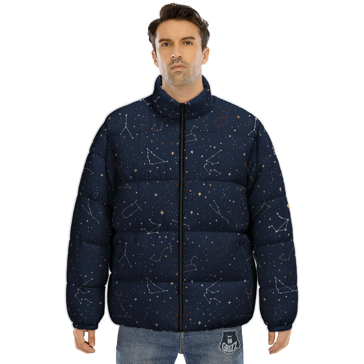 Stars Constellation Print Pattern Puffer Jacket-grizzshop