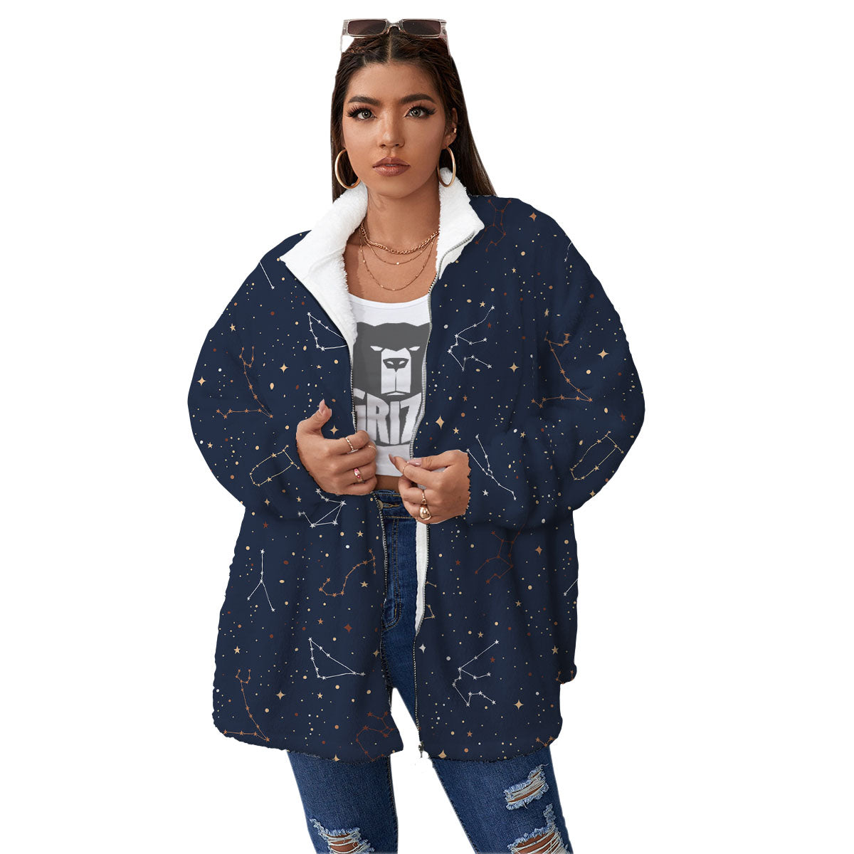Stars Constellation Print Pattern Women's Sherpa Jacket-grizzshop