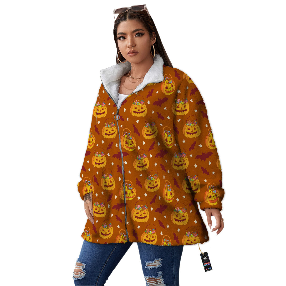 Stars Halloween Print Pattern Women's Sherpa Jacket-grizzshop