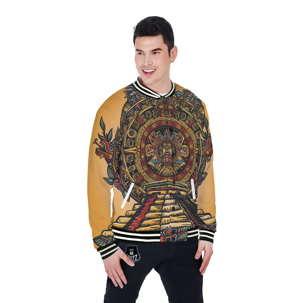 Statue Ancient Mayan Print Baseball Jacket-grizzshop