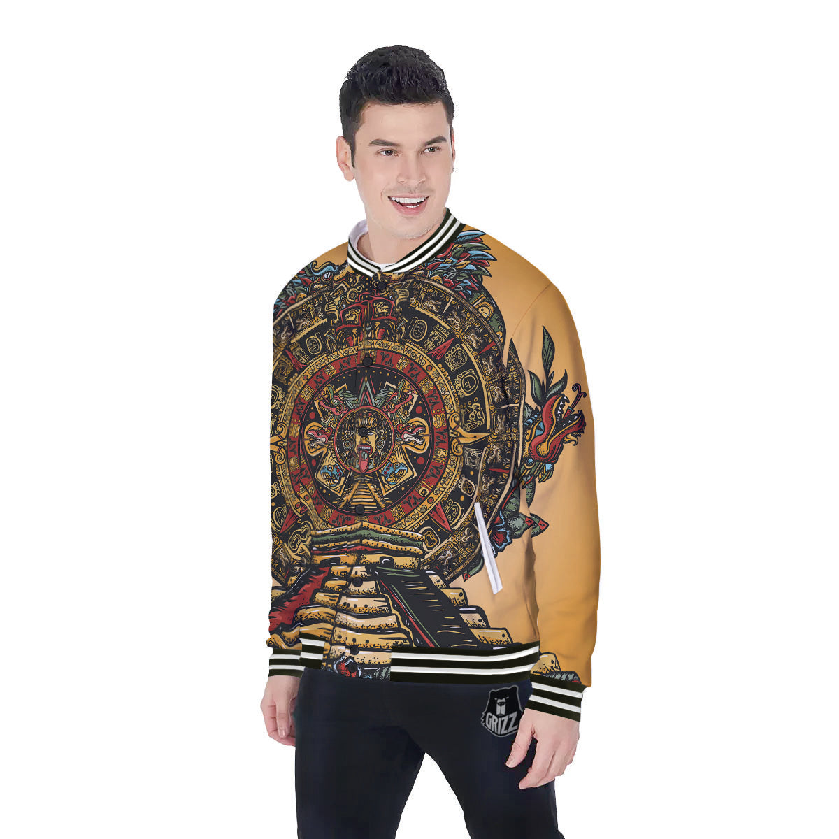 Statue Ancient Mayan Print Baseball Jacket-grizzshop
