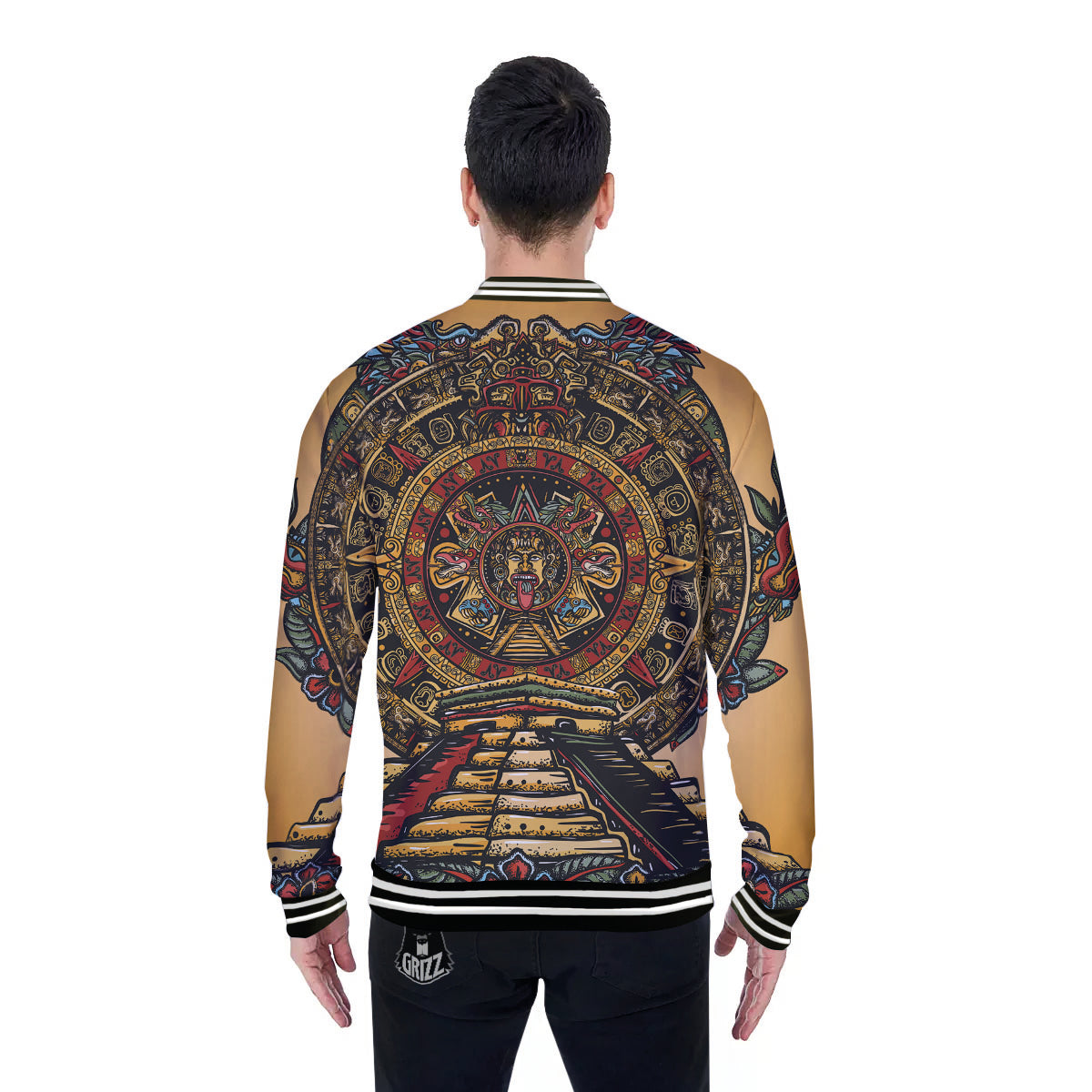 Statue Ancient Mayan Print Baseball Jacket-grizzshop