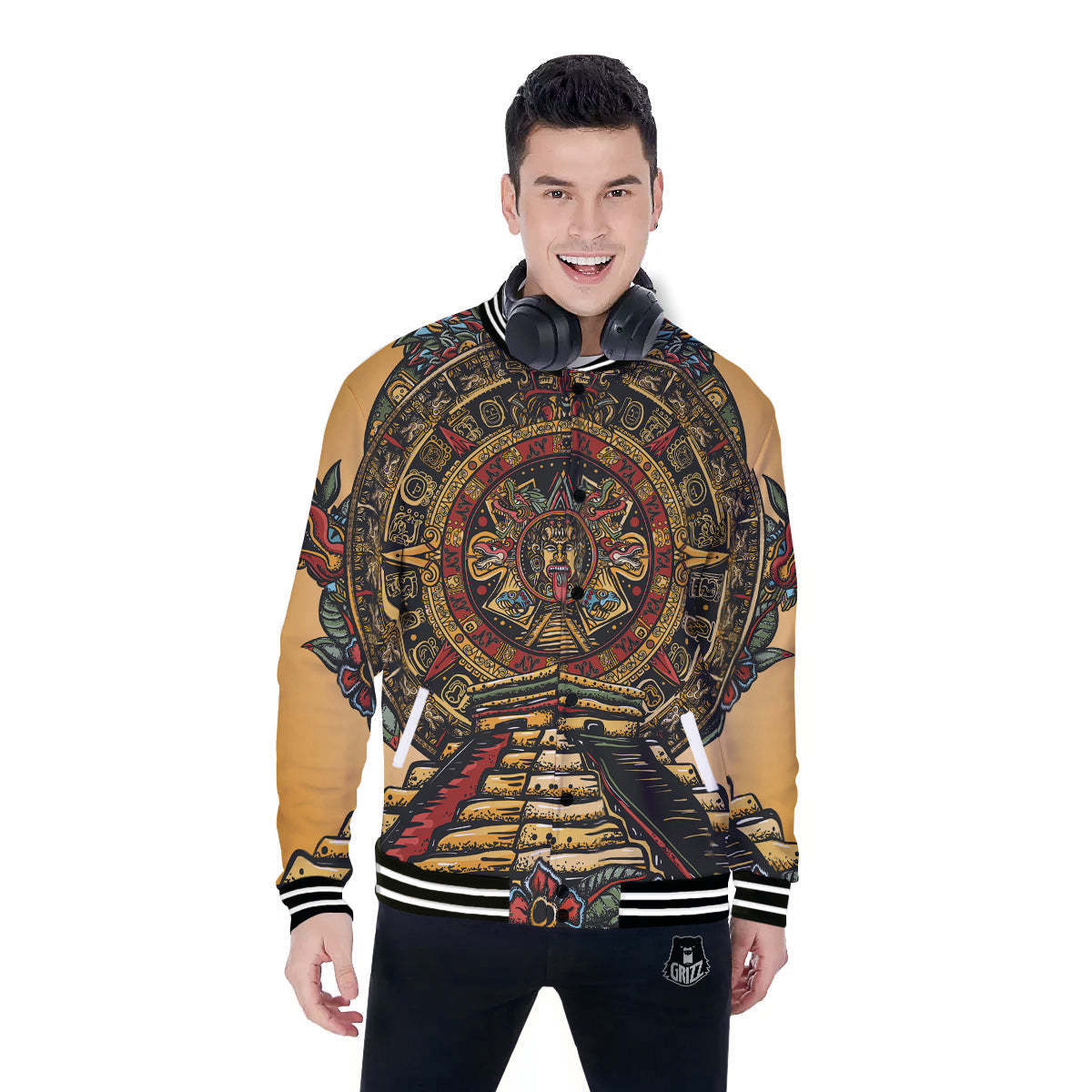 Statue Ancient Mayan Print Baseball Jacket-grizzshop