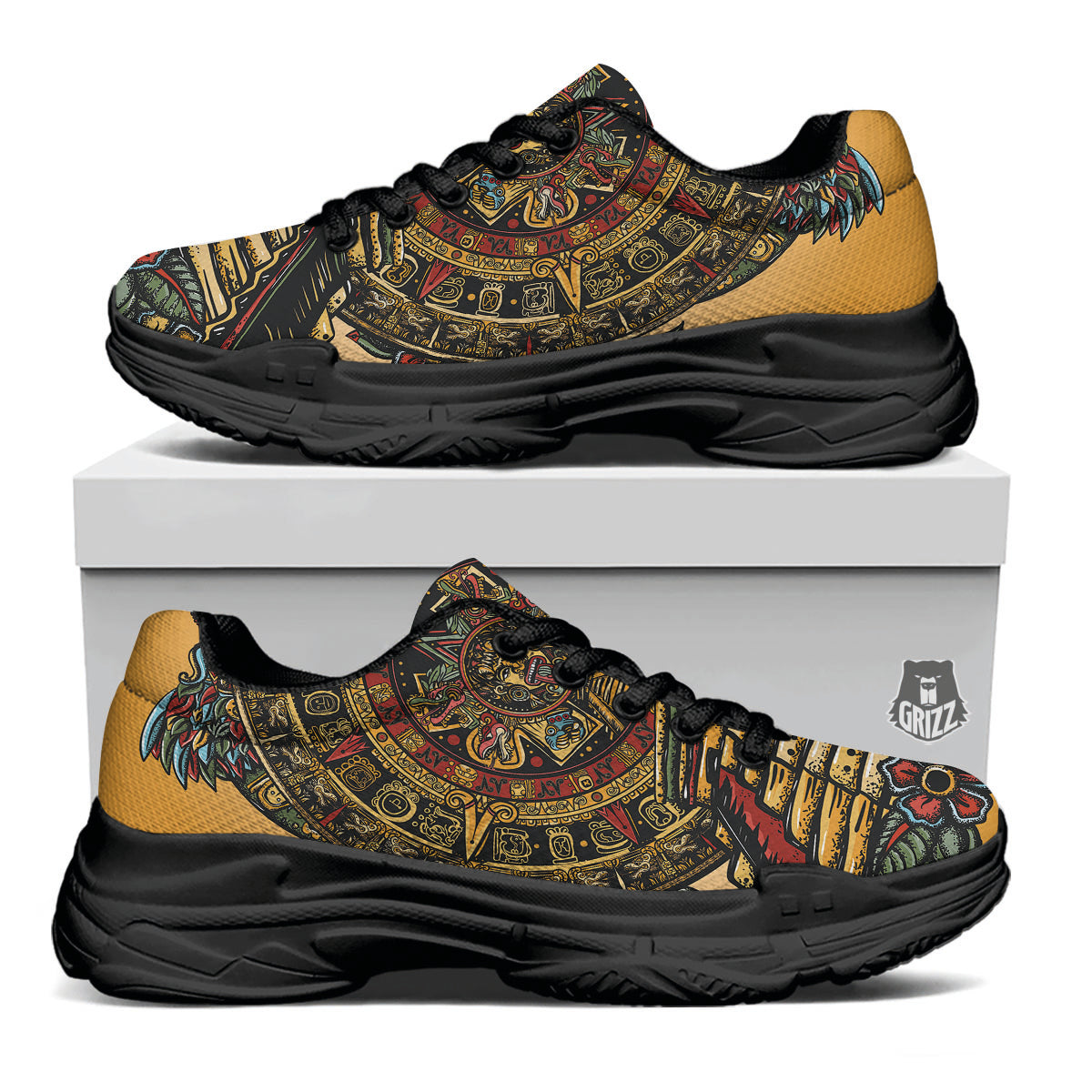 Statue Ancient Mayan Print Black Chunky Shoes-grizzshop