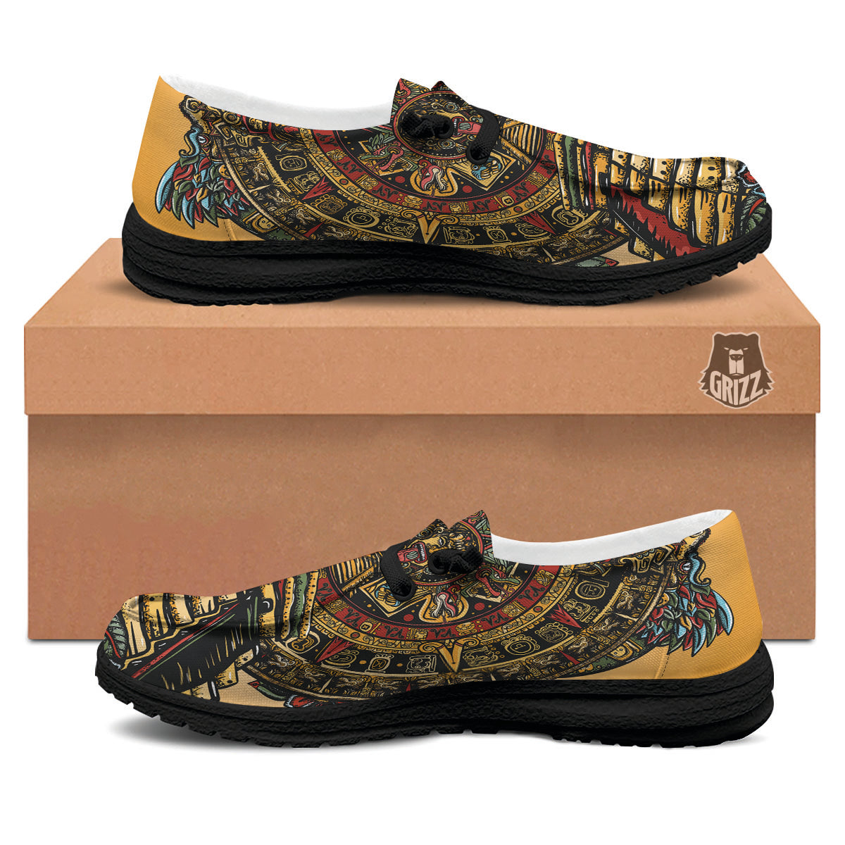 Statue Ancient Mayan Print Black Loafers-grizzshop
