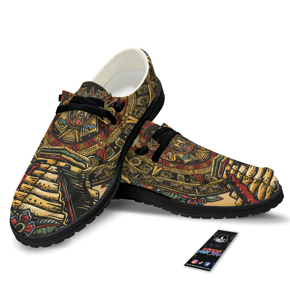 Statue Ancient Mayan Print Black Loafers-grizzshop