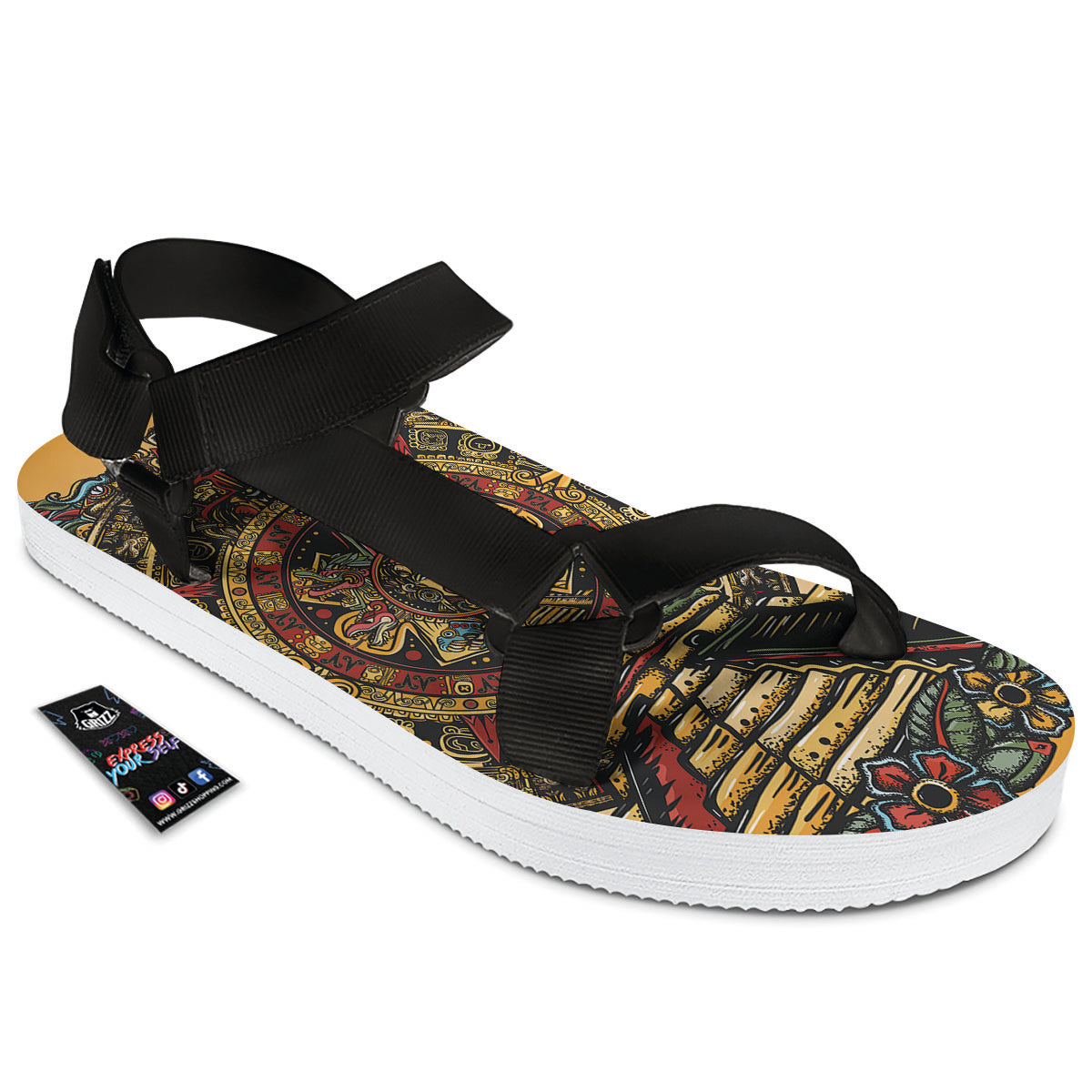 Statue Ancient Mayan Print Black Open Toe Sandals-grizzshop