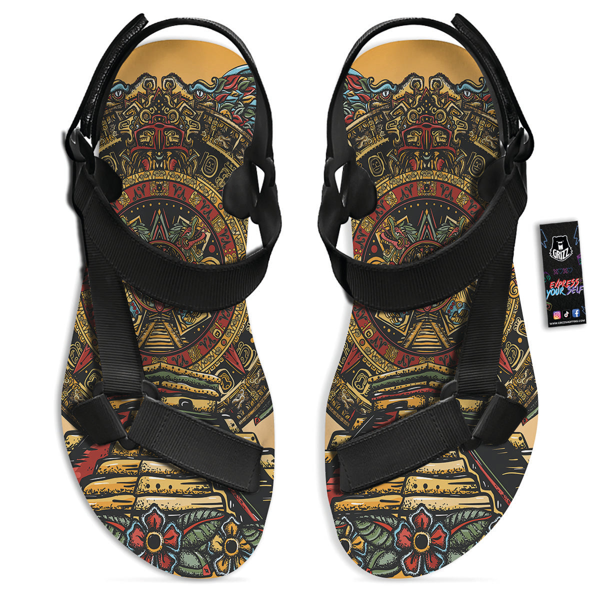 Statue Ancient Mayan Print Black Open Toe Sandals-grizzshop