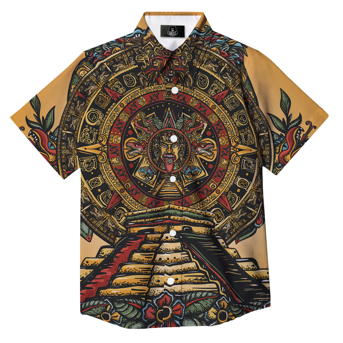 Statue Ancient Mayan Print Button Up Shirt-grizzshop