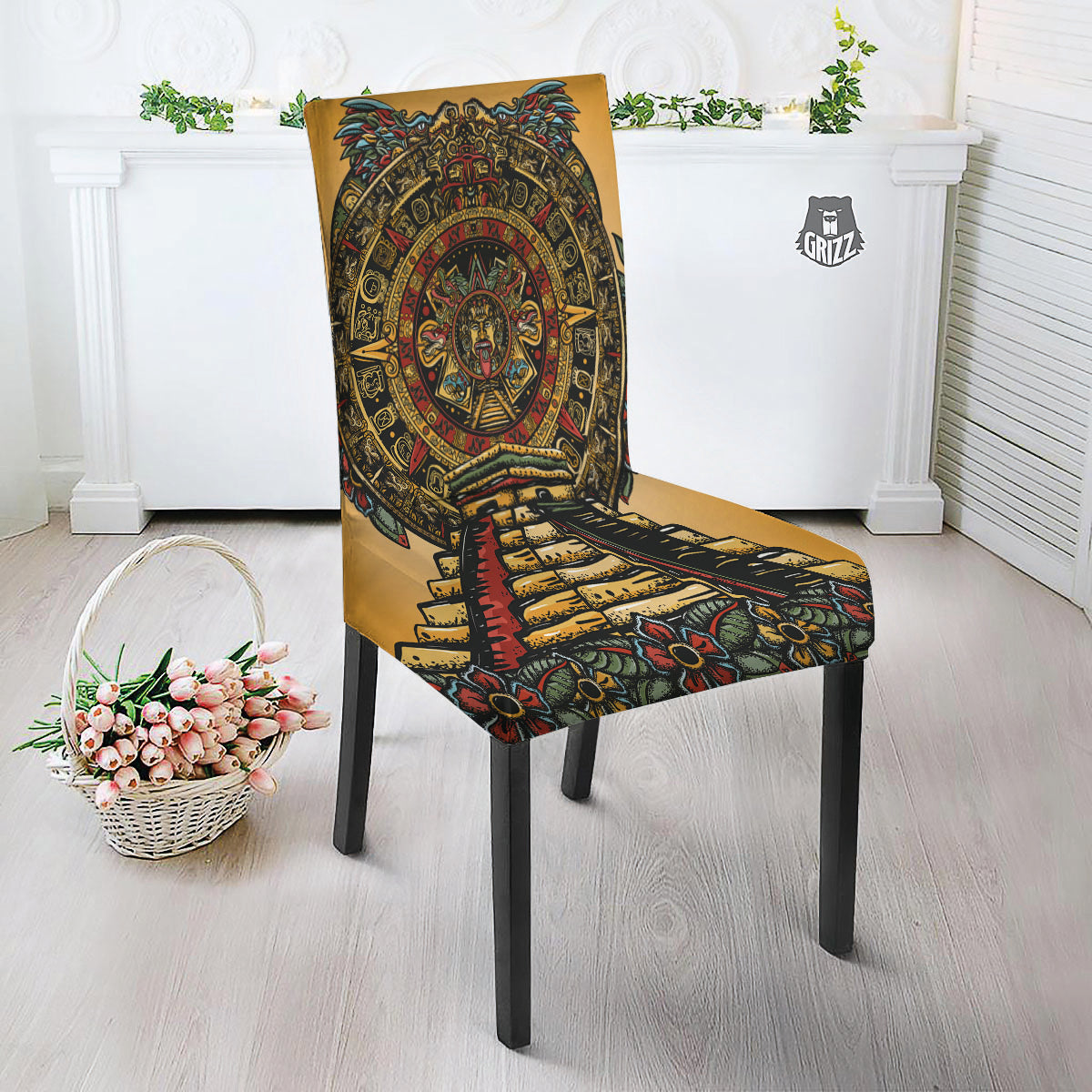 Statue Ancient Mayan Print Dining Chair Slipcover-grizzshop