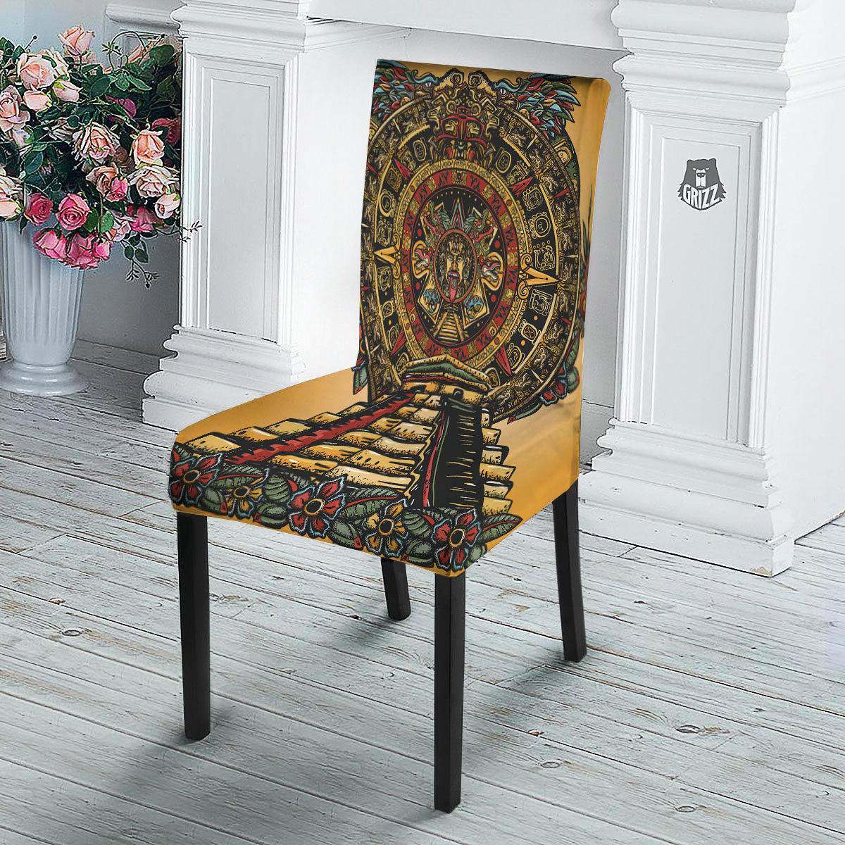 Statue Ancient Mayan Print Dining Chair Slipcover-grizzshop