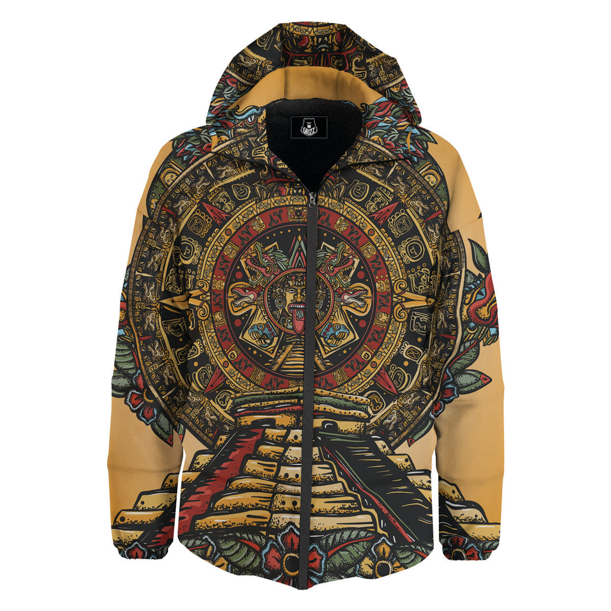 Statue Ancient Mayan Print Down Jacket-grizzshop