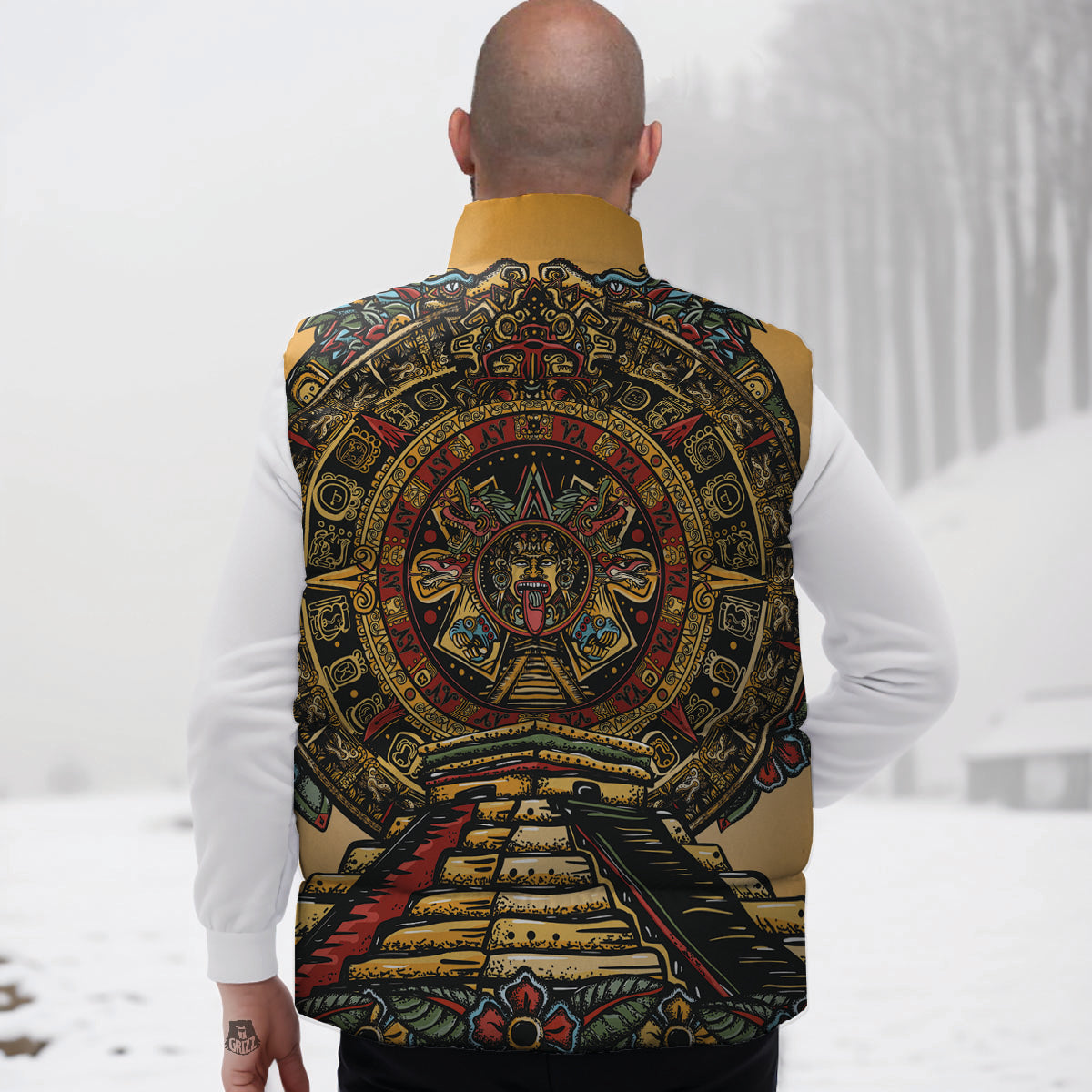 Statue Ancient Mayan Print Down Vest