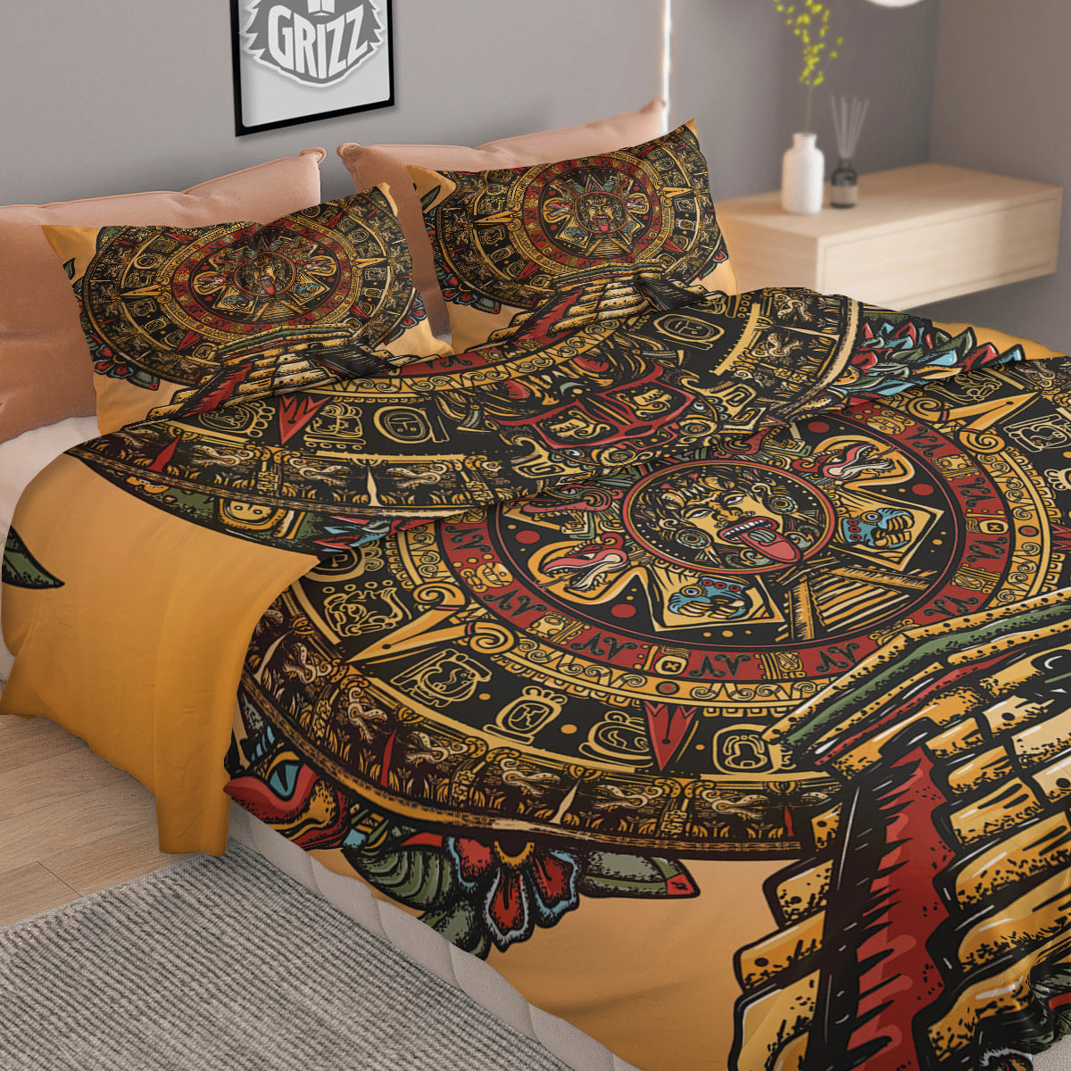 Statue Ancient Mayan Print Duvet Cover Bedding Set
