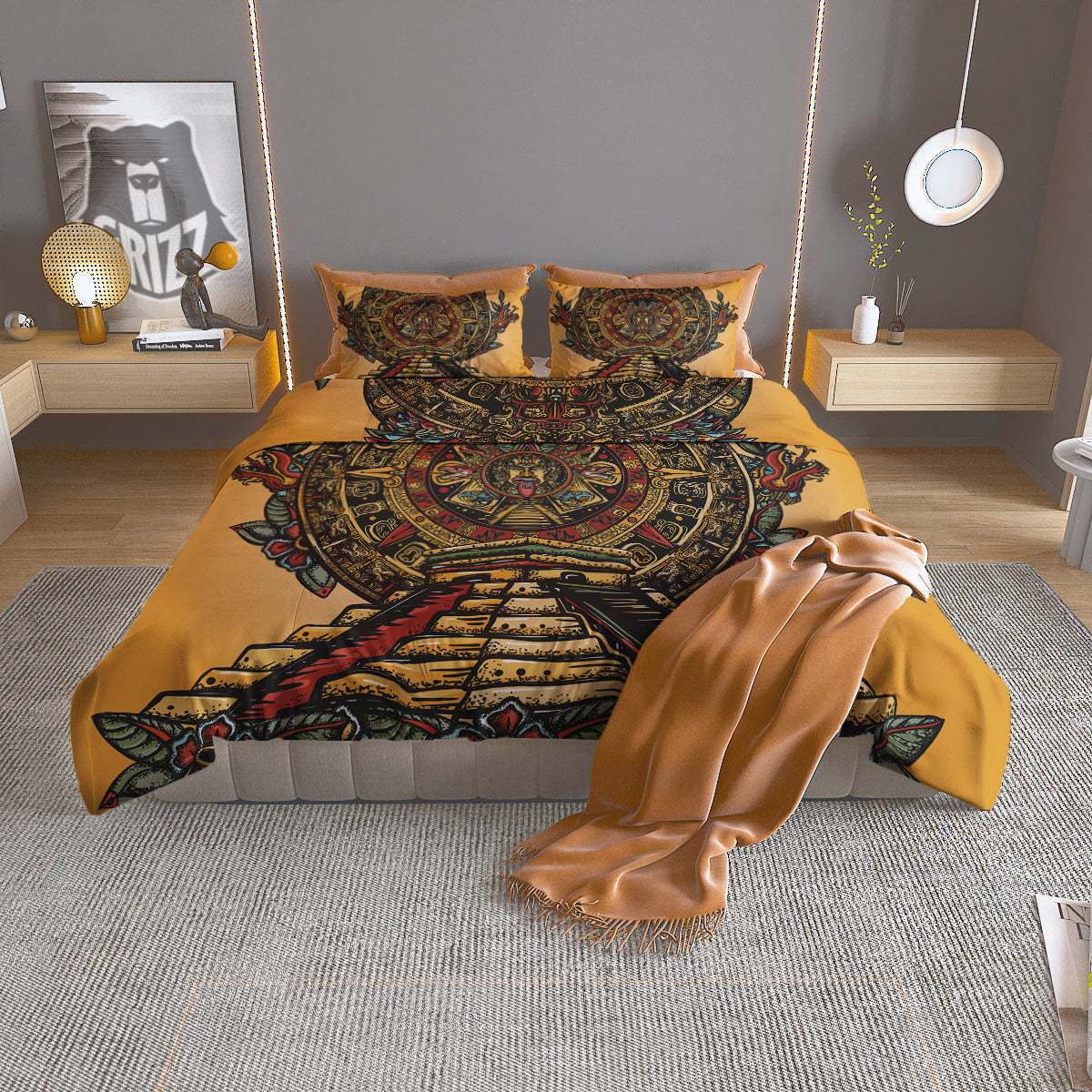 Statue Ancient Mayan Print Duvet Cover Bedding Set