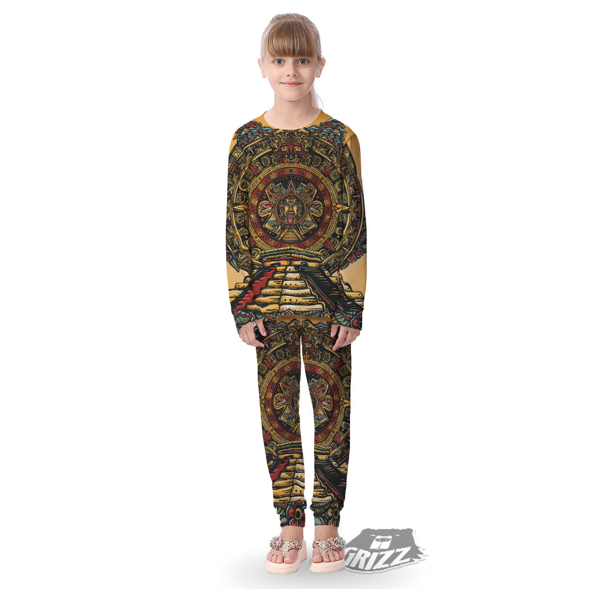 Statue Ancient Mayan Print Kid's Pajamas-grizzshop