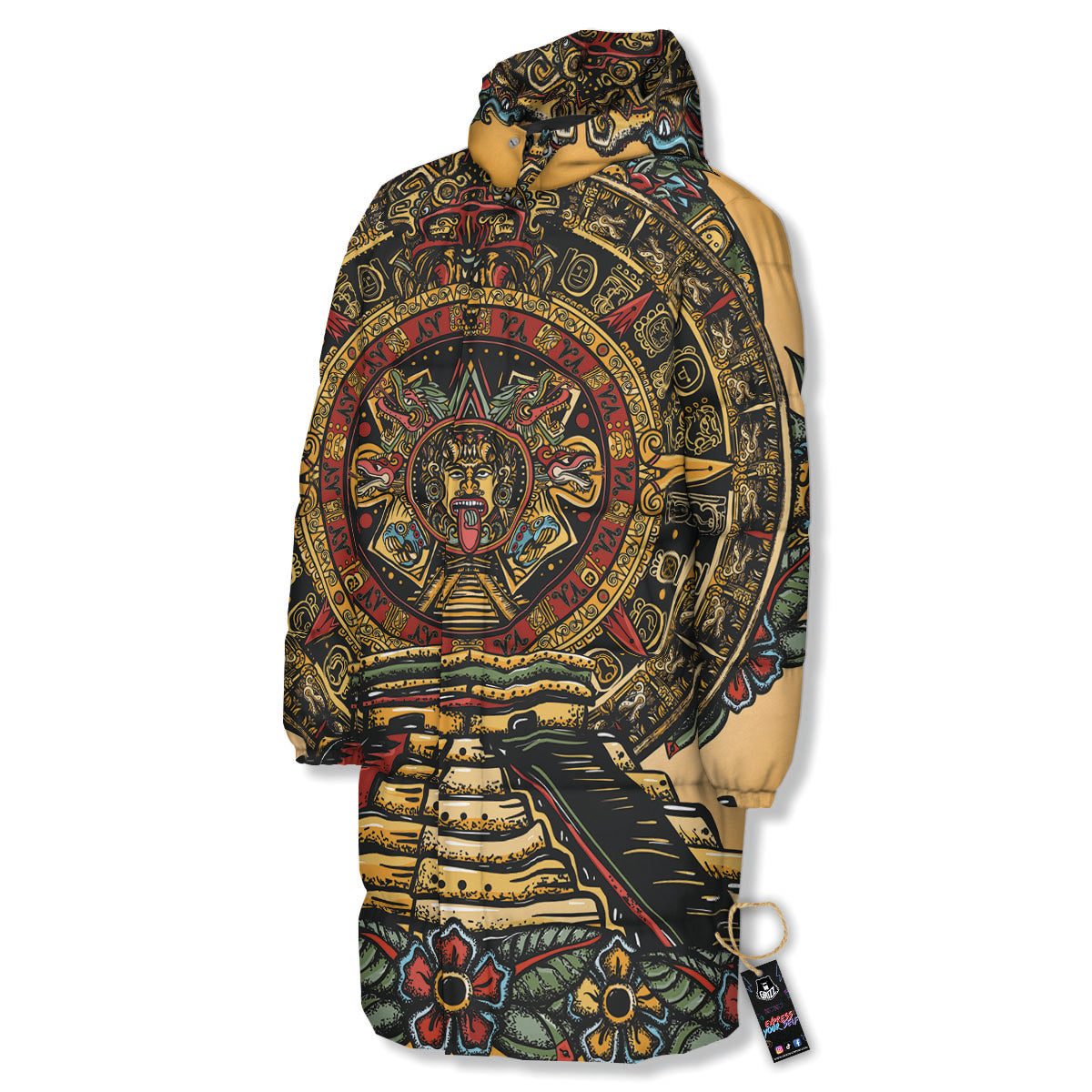 Statue Ancient Mayan Print Long Down Jacket-grizzshop