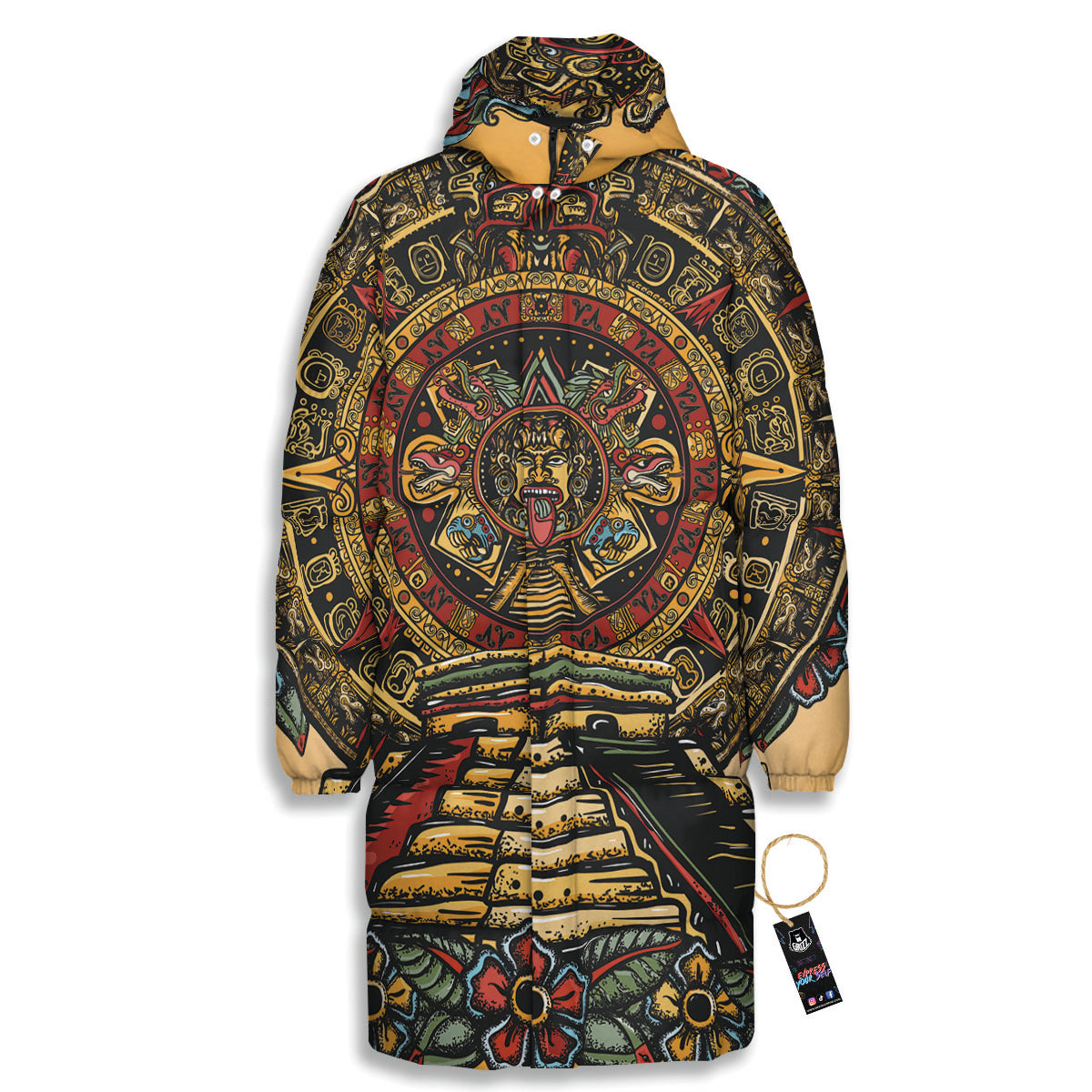 Statue Ancient Mayan Print Long Down Jacket-grizzshop