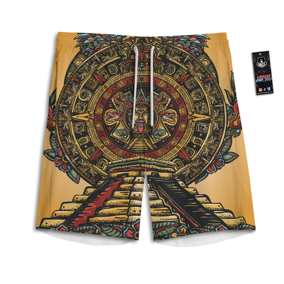 Statue Ancient Mayan Print Men's Athletic Shorts