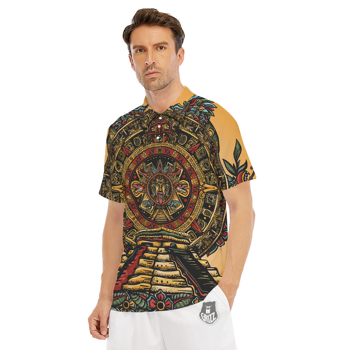 Statue Ancient Mayan Print Men's Golf Shirts-grizzshop