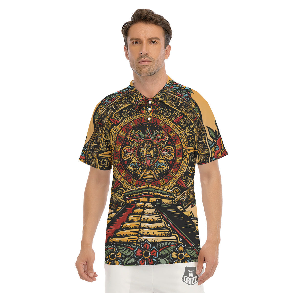 Statue Ancient Mayan Print Men's Golf Shirts-grizzshop