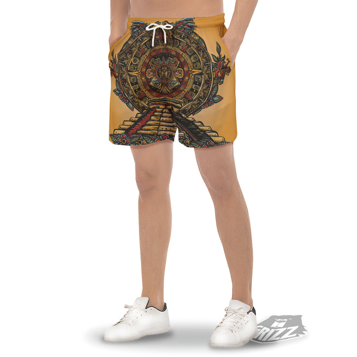 Statue Ancient Mayan Print Men's Gym Shorts-grizzshop