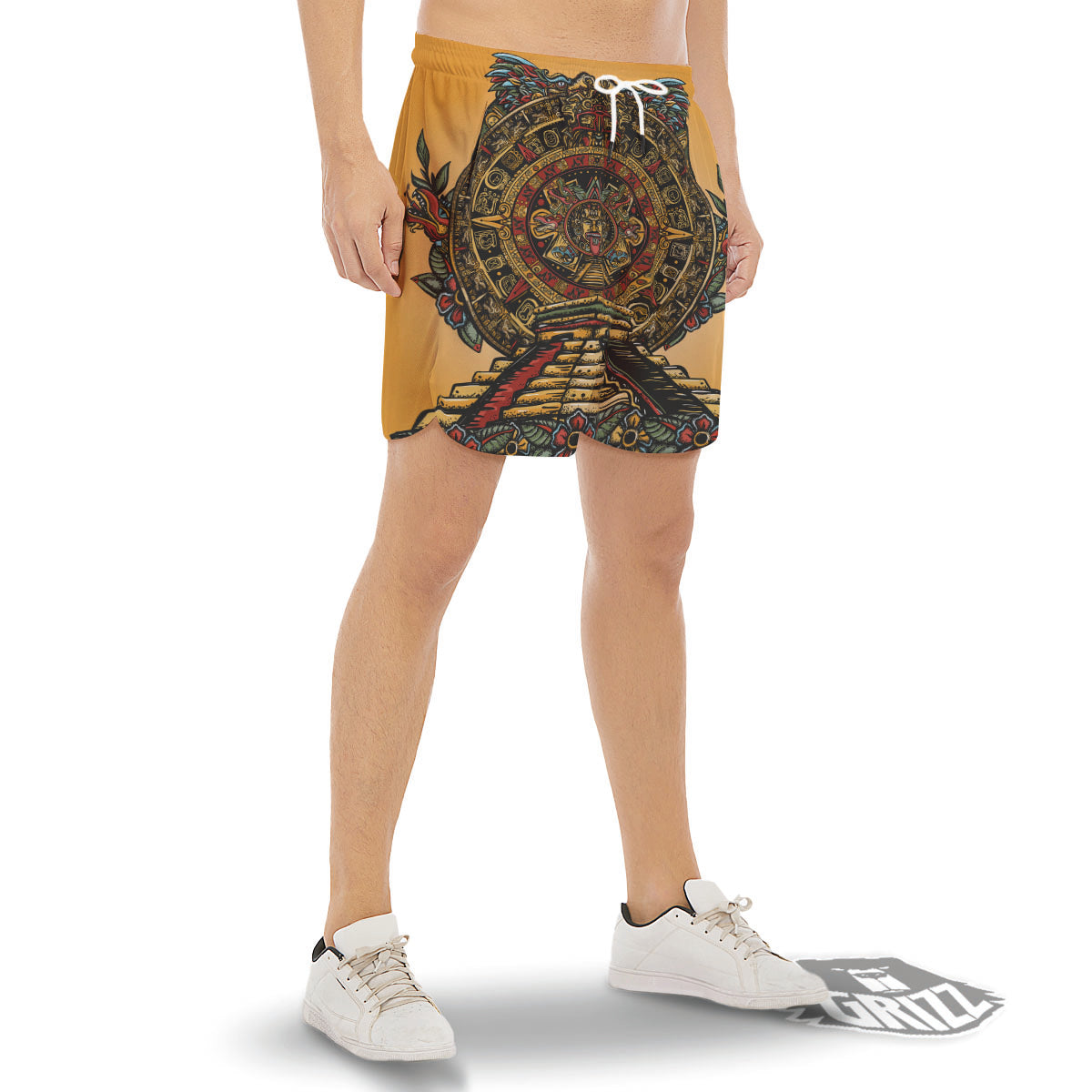 Statue Ancient Mayan Print Men's Gym Shorts-grizzshop