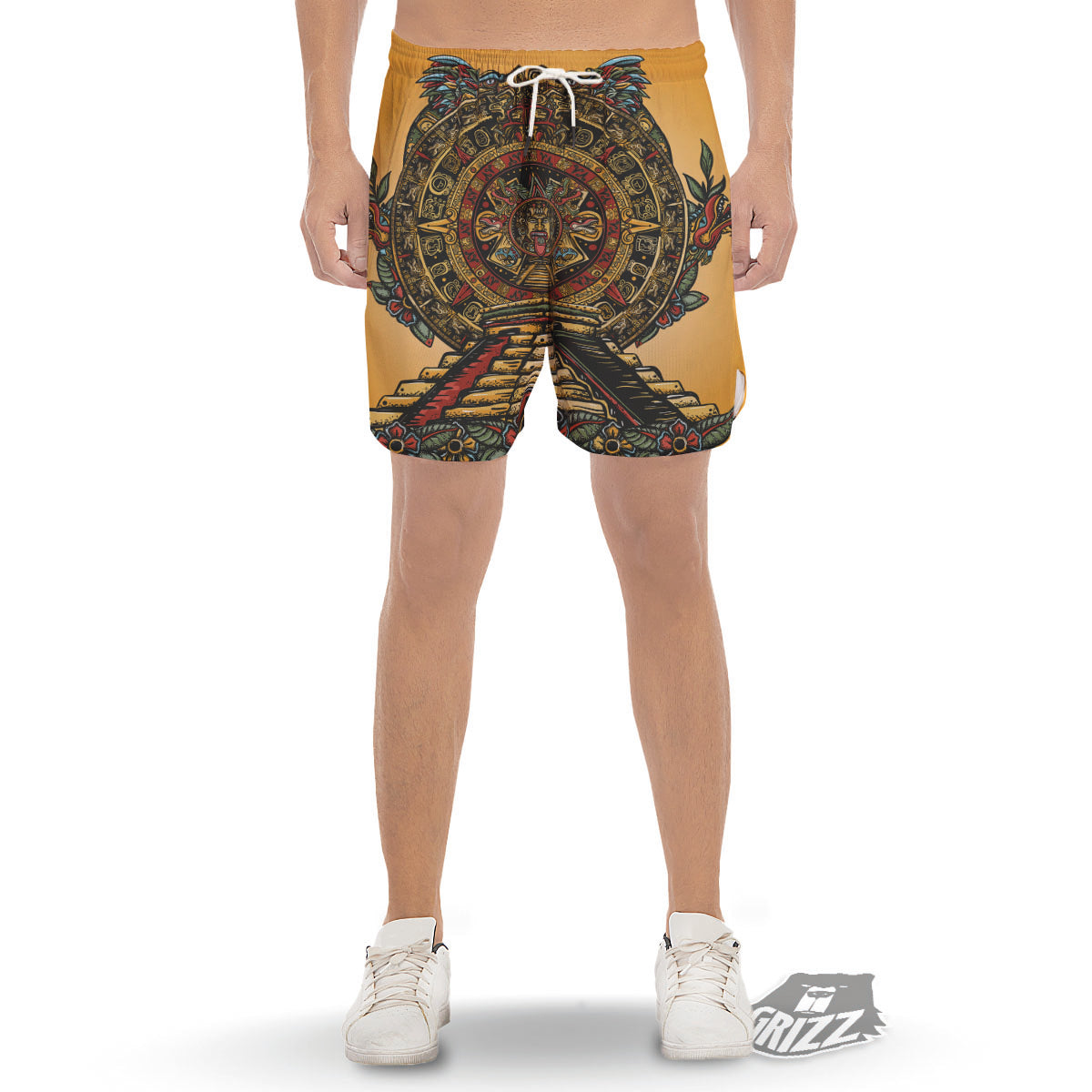 Statue Ancient Mayan Print Men's Gym Shorts-grizzshop