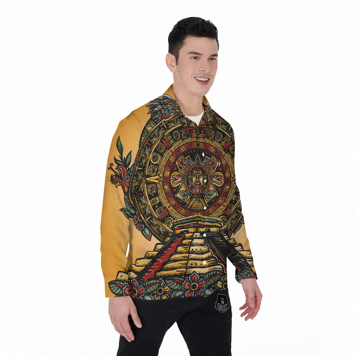 Statue Ancient Mayan Print Men's Long Sleeve Shirts-grizzshop