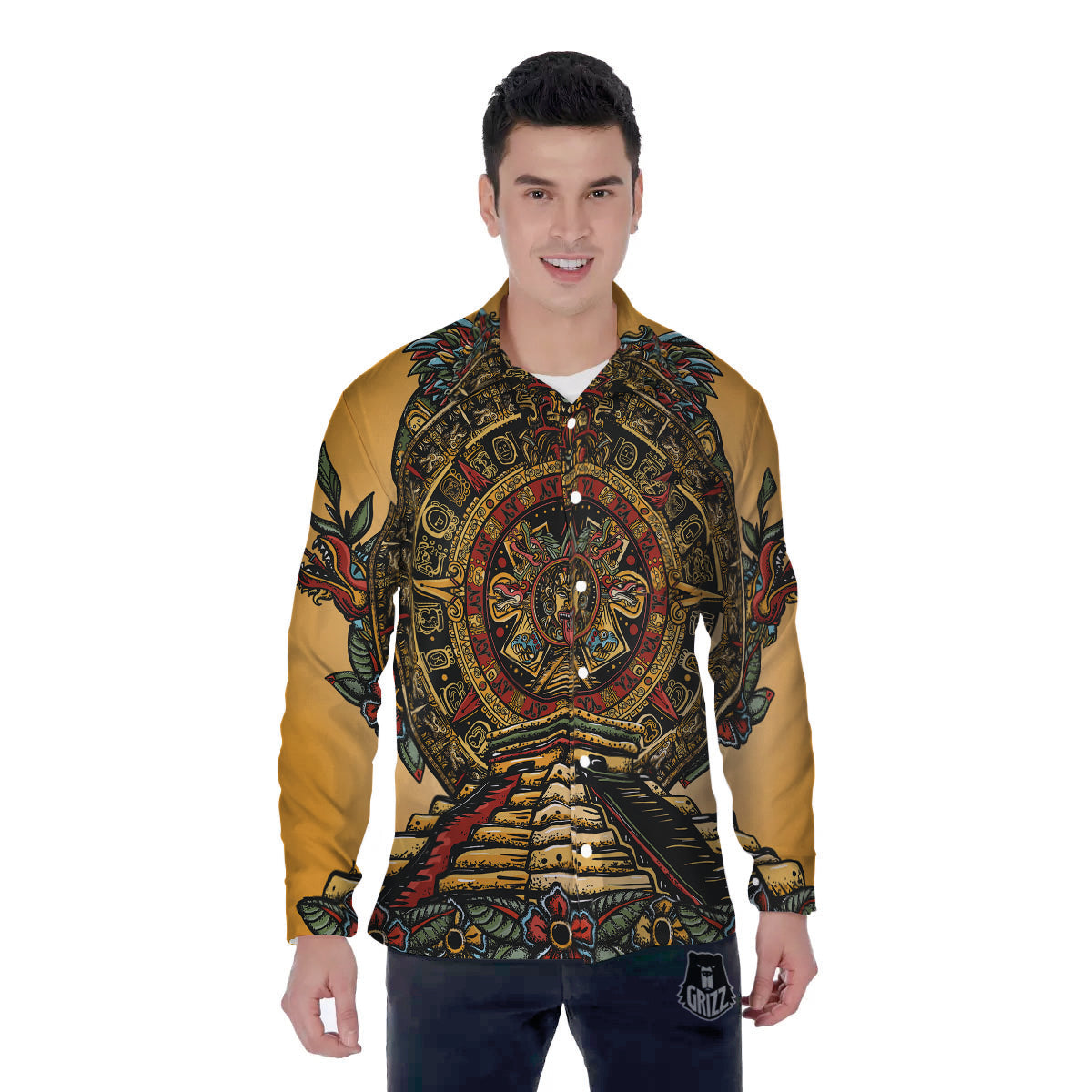 Statue Ancient Mayan Print Men's Long Sleeve Shirts-grizzshop