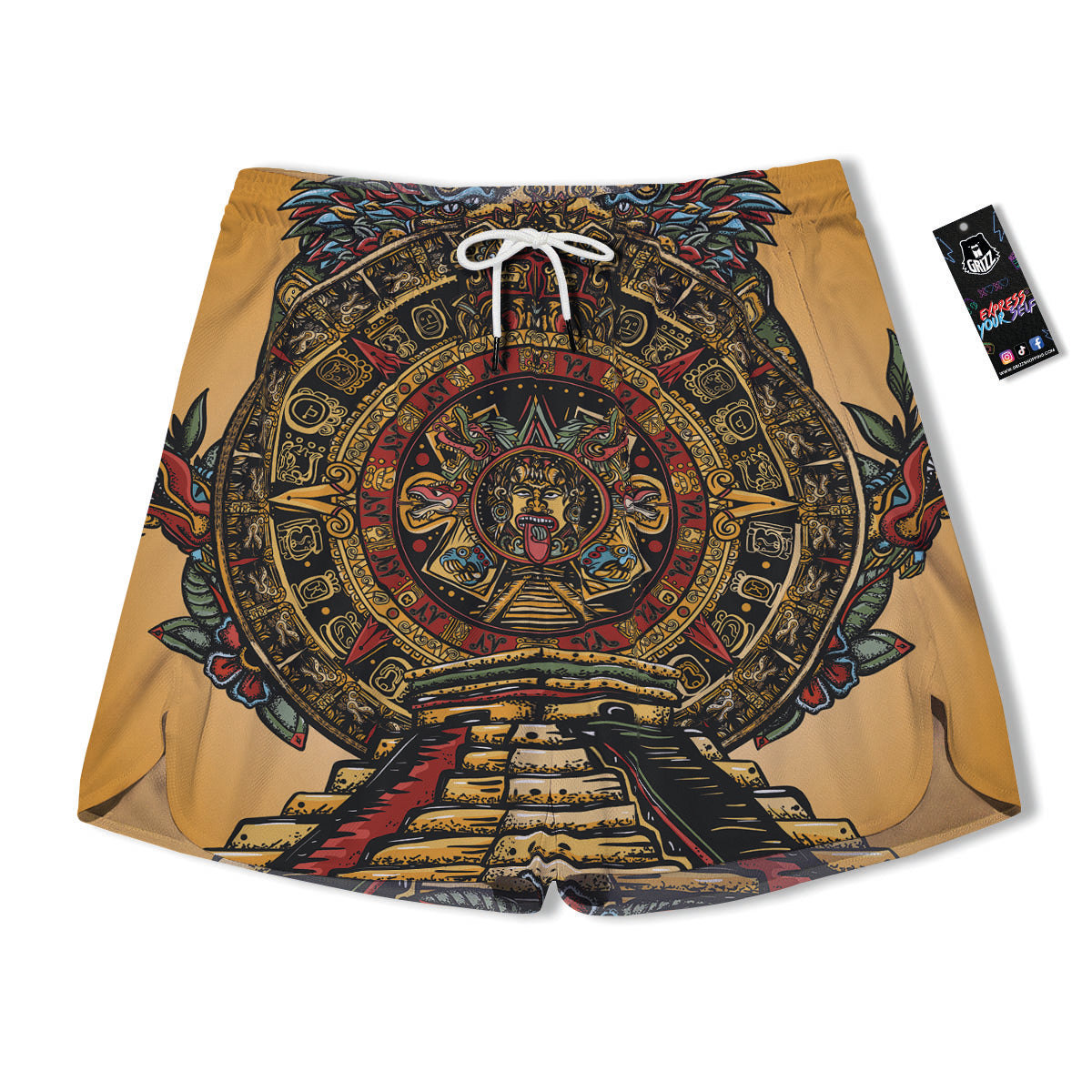 Statue Ancient Mayan Print Men's Running Shorts-grizzshop