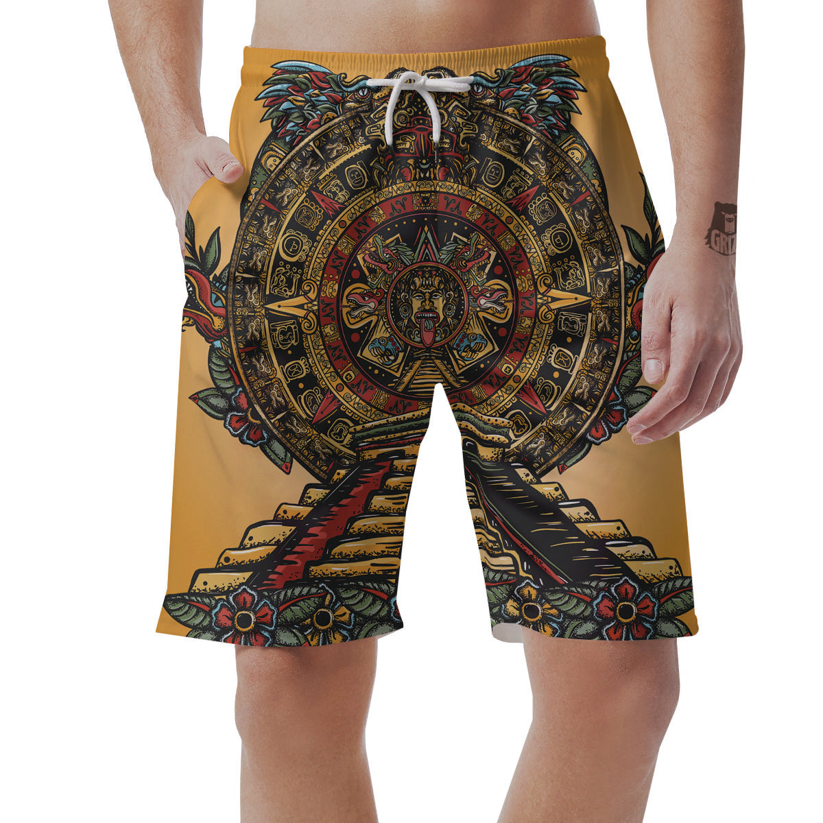 Statue Ancient Mayan Print Men's Shorts-grizzshop