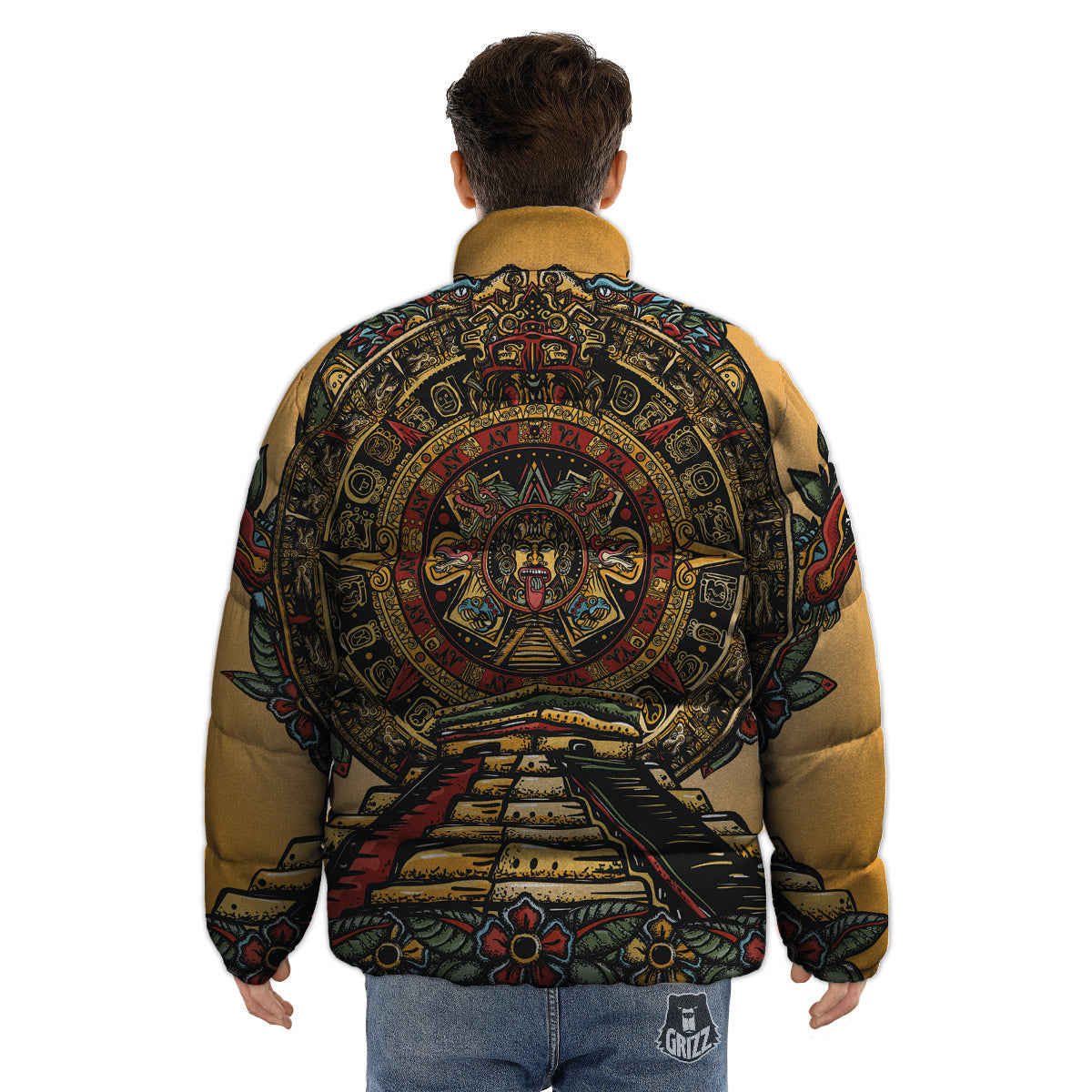 Statue Ancient Mayan Print Puffer Jacket-grizzshop