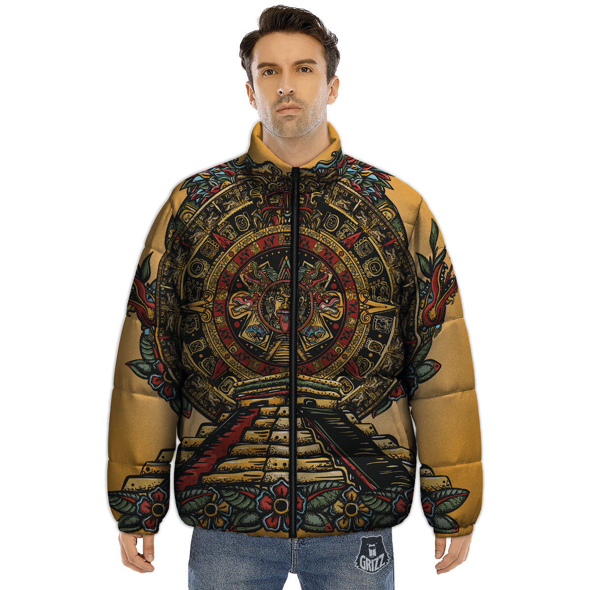 Statue Ancient Mayan Print Puffer Jacket-grizzshop