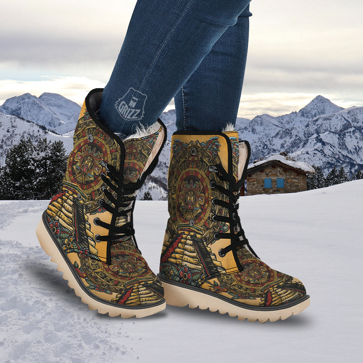 Statue Ancient Mayan Print Snow Boots-grizzshop