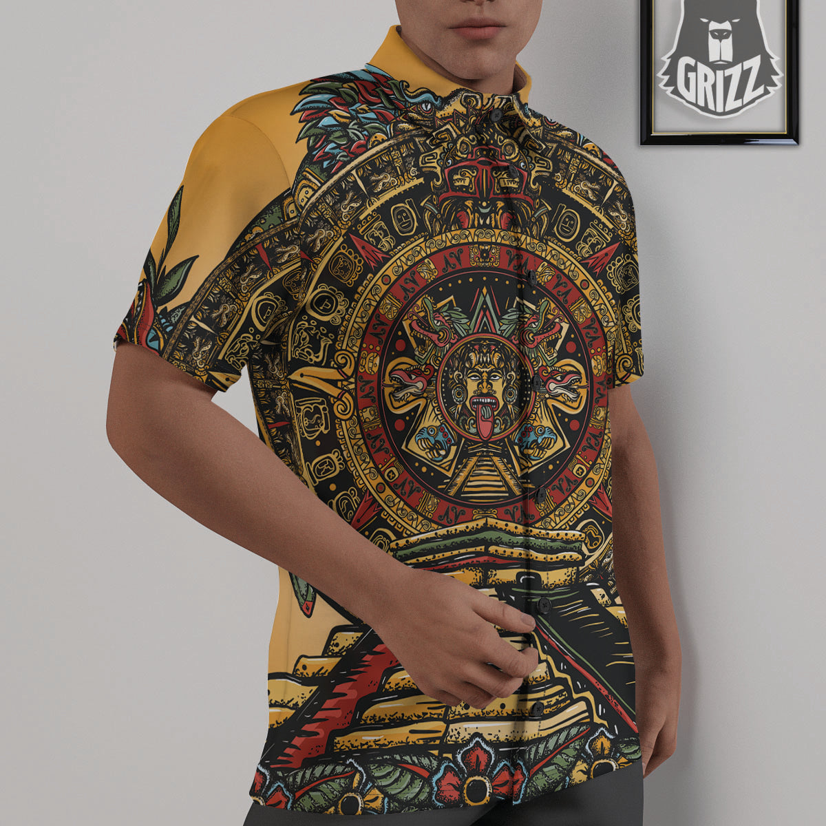 Statue Ancient Mayan Print Untucked Shirts-grizzshop