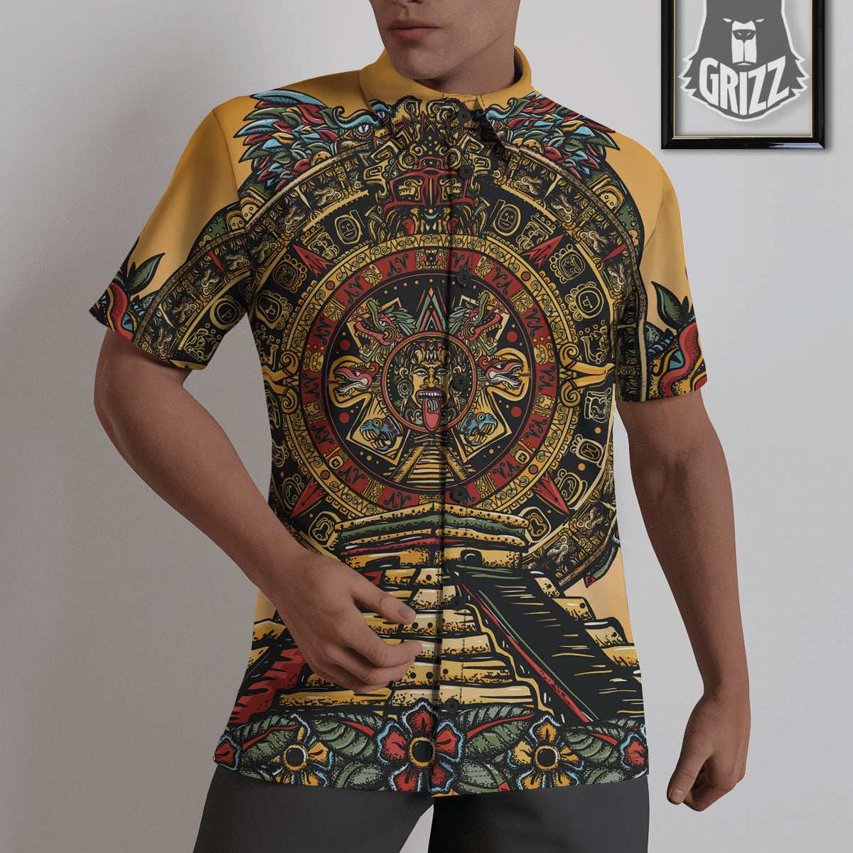 Statue Ancient Mayan Print Untucked Shirts-grizzshop
