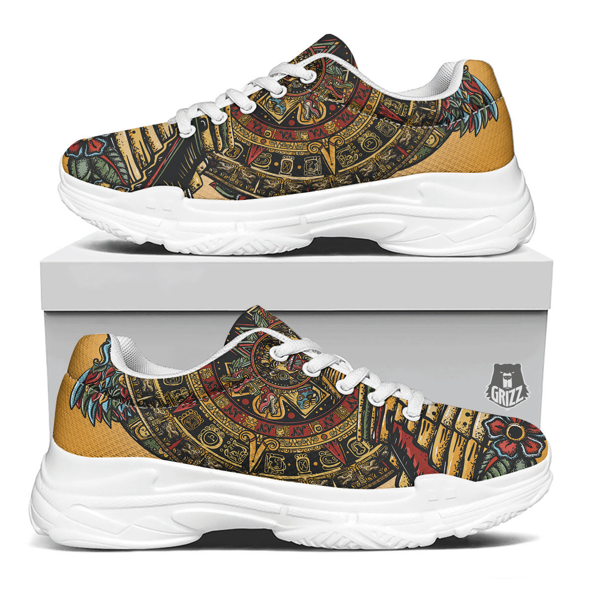 Statue Ancient Mayan Print White Chunky Shoes-grizzshop