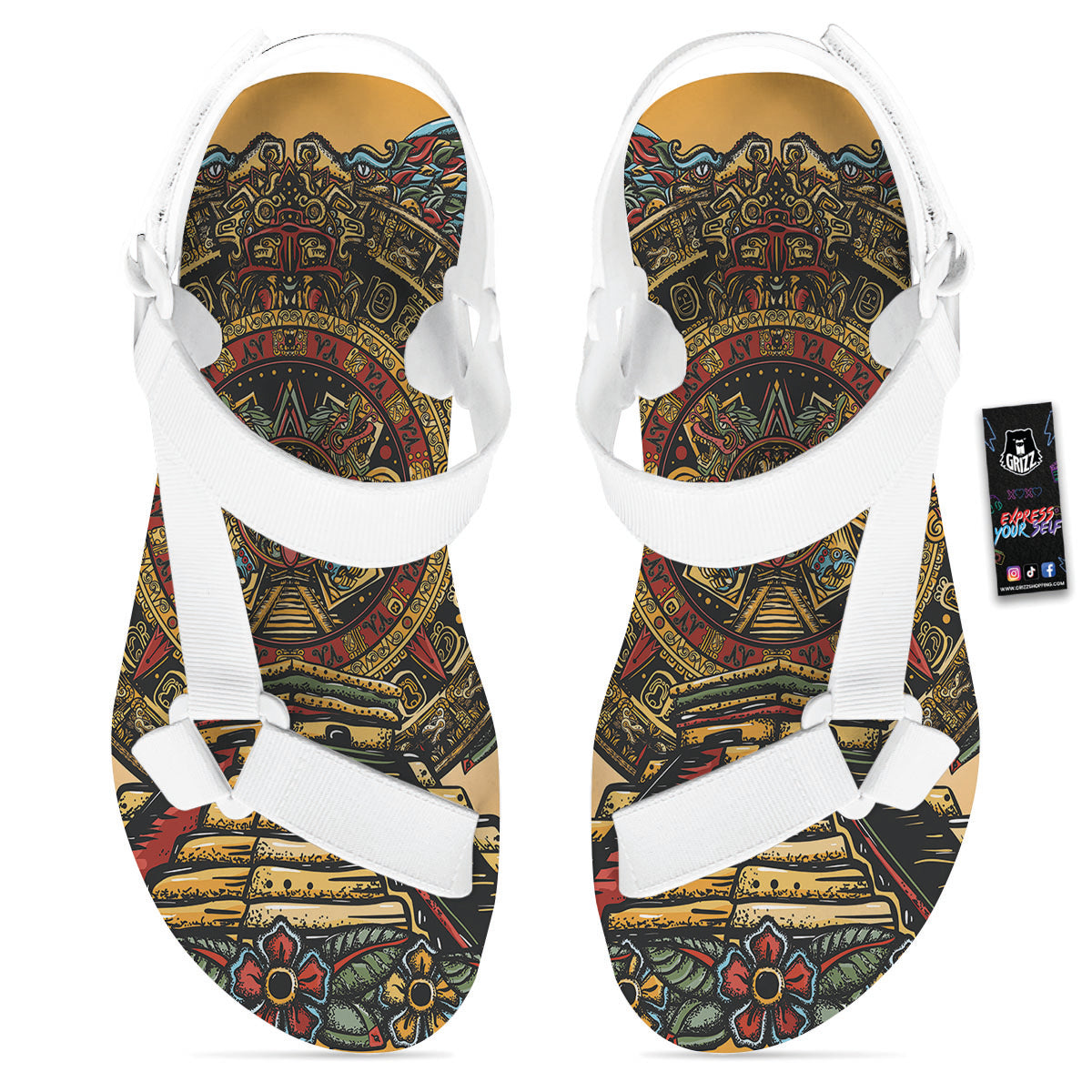 Statue Ancient Mayan Print White Open Toe Sandals-grizzshop