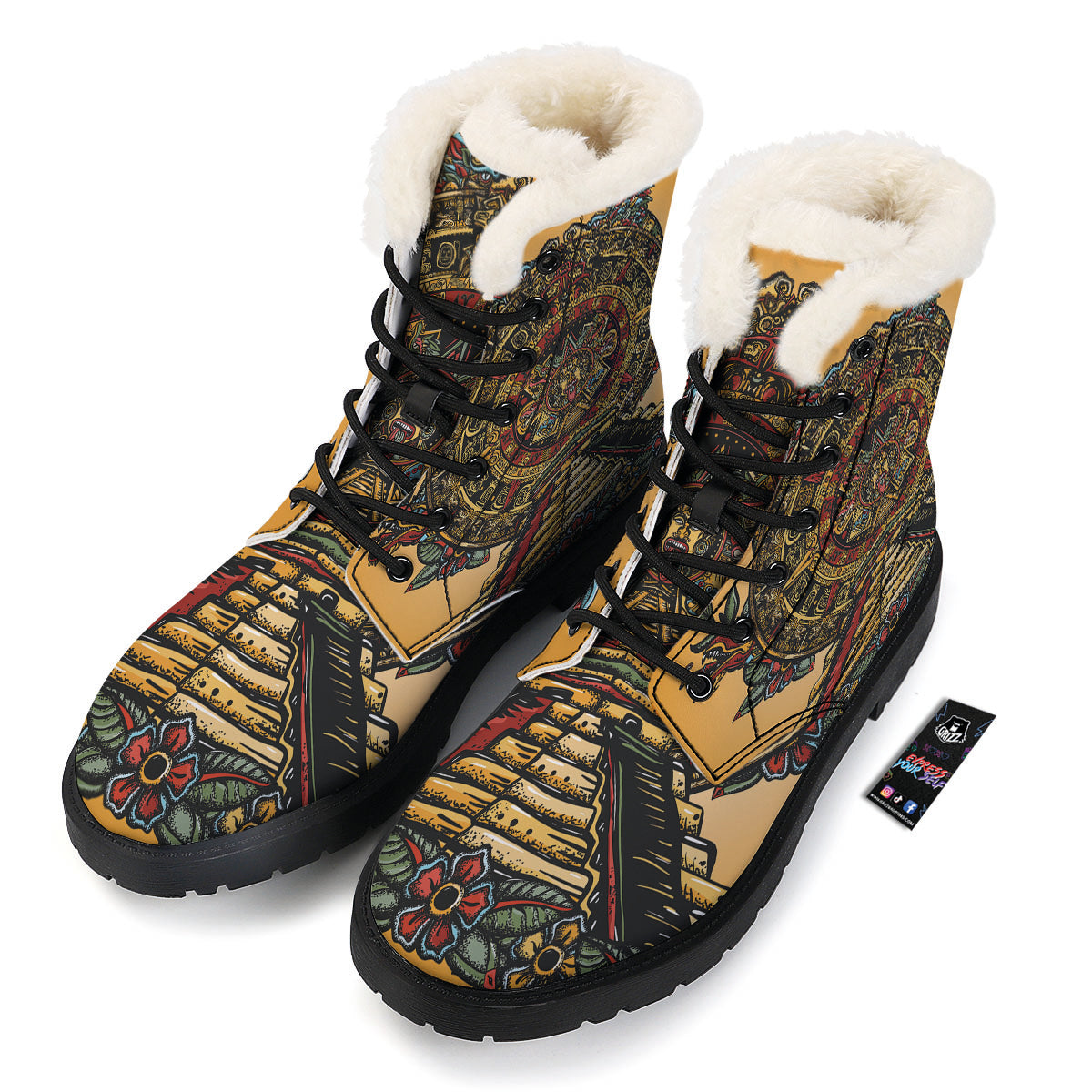 Statue Ancient Mayan Print Winter Boots-grizzshop