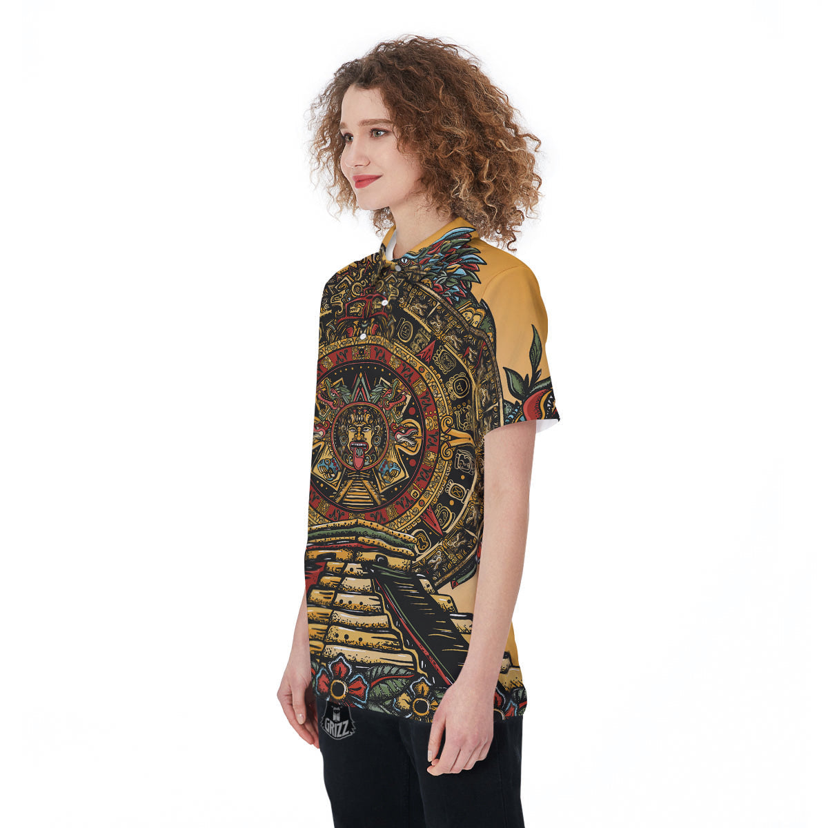 Statue Ancient Mayan Print Women's Golf Shirts-grizzshop