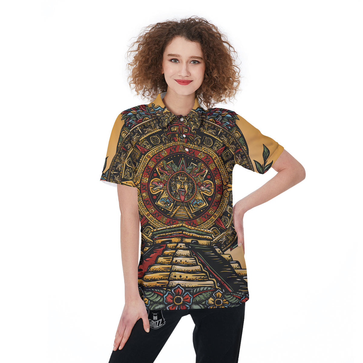Statue Ancient Mayan Print Women's Golf Shirts-grizzshop