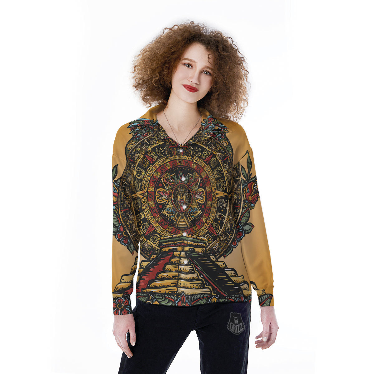 Statue Ancient Mayan Print Women's Long Sleeve Shirts-grizzshop