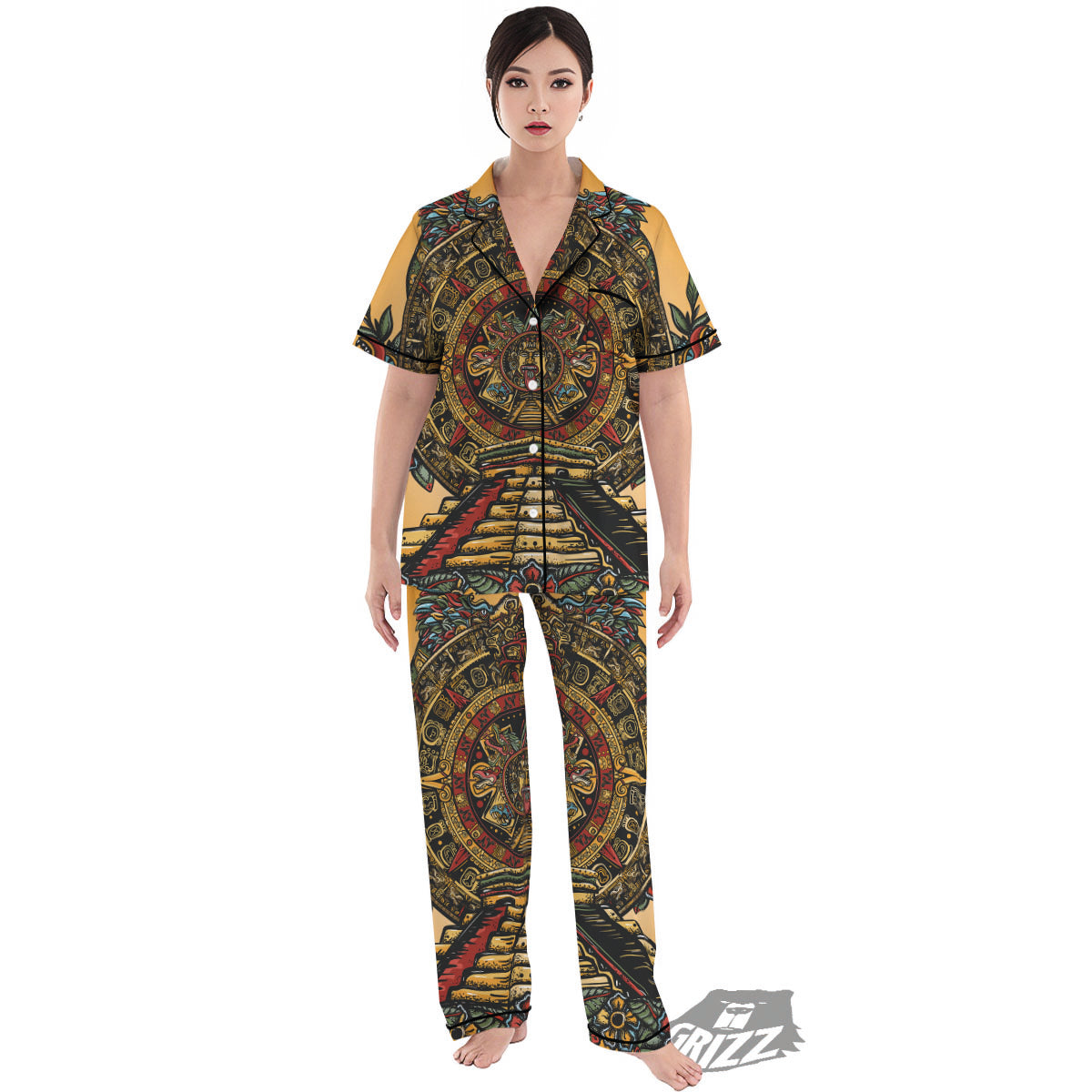 Statue Ancient Mayan Print Women's Pajamas Set-grizzshop