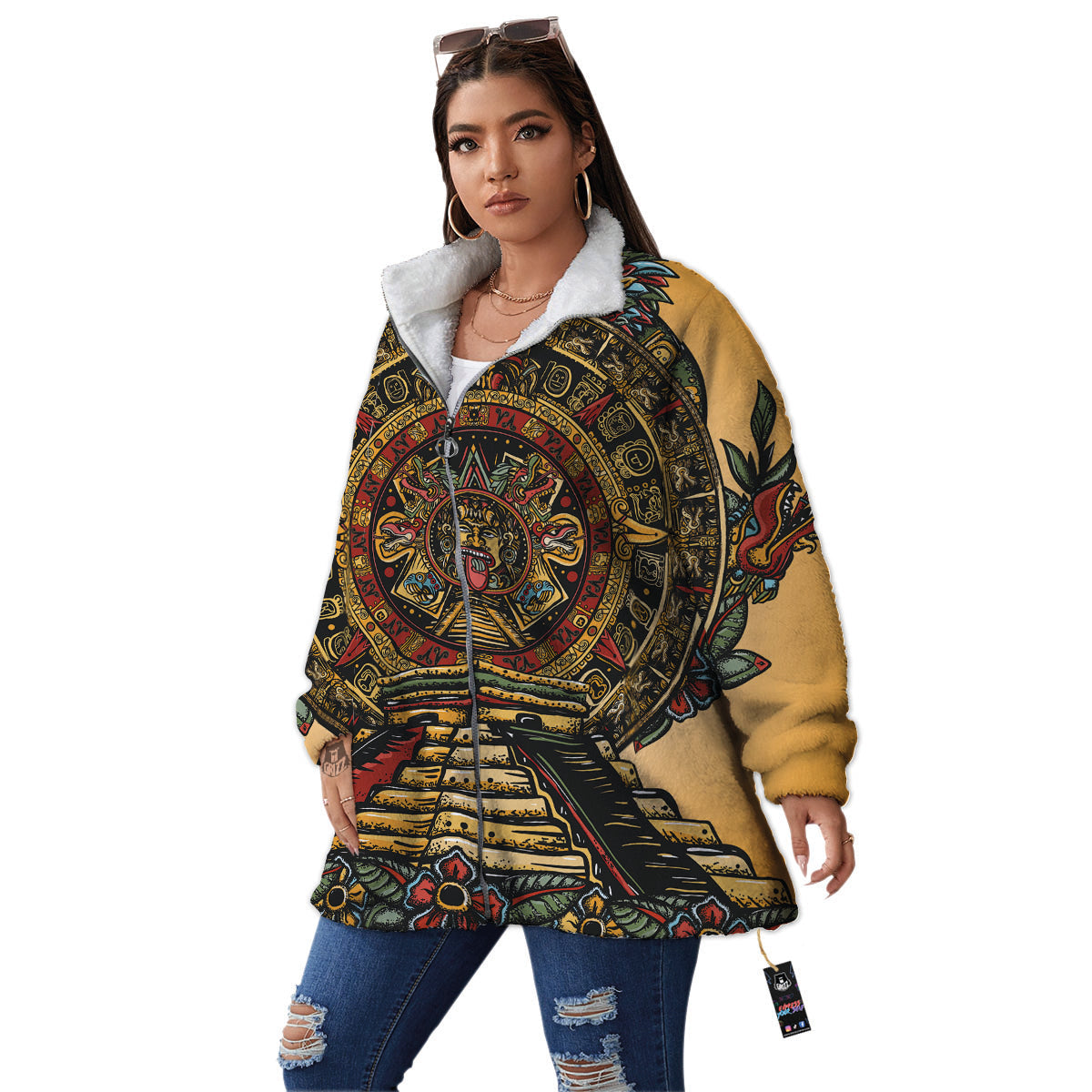 Statue Ancient Mayan Print Women's Sherpa Jacket-grizzshop