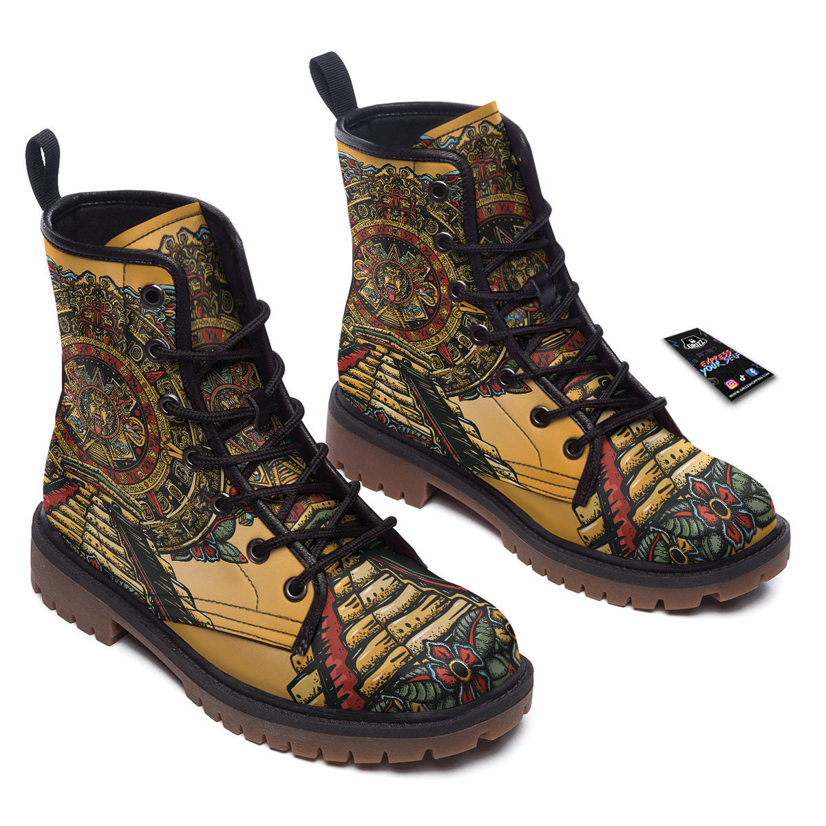 Statue Ancient Mayan Print Work Boots-grizzshop