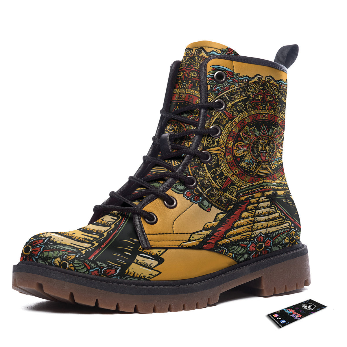 Statue Ancient Mayan Print Work Boots-grizzshop