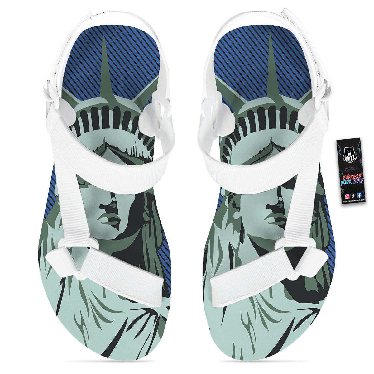 Statue Of Liberty American Print White Open Toe Sandals-grizzshop