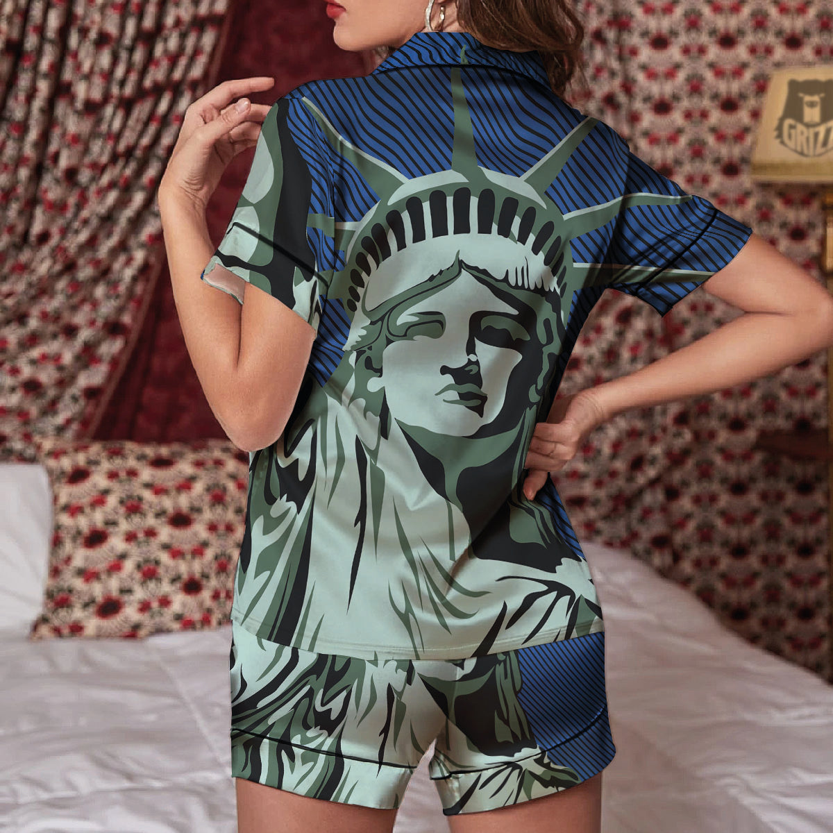 Statue Of Liberty American Print Women Silk Pajamas-grizzshop