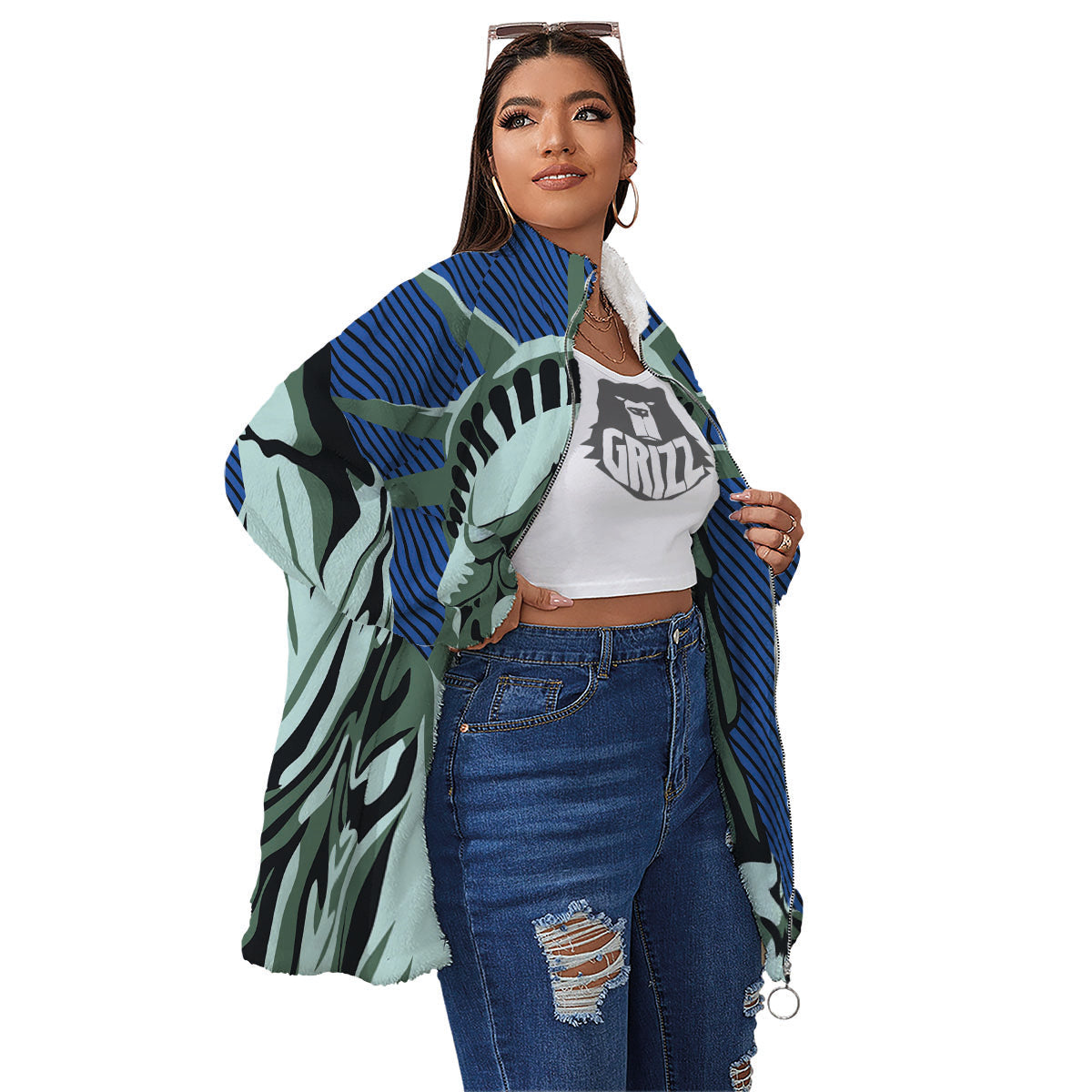 Statue Of Liberty American Print Women's Sherpa Jacket-grizzshop